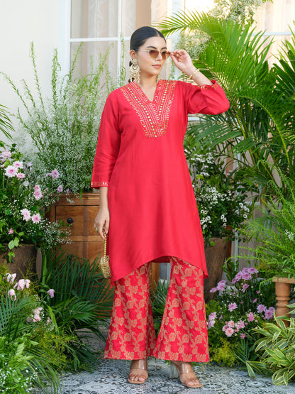 Red Kurta with Gold Embroidery & Jacquard Palazzo Pants
