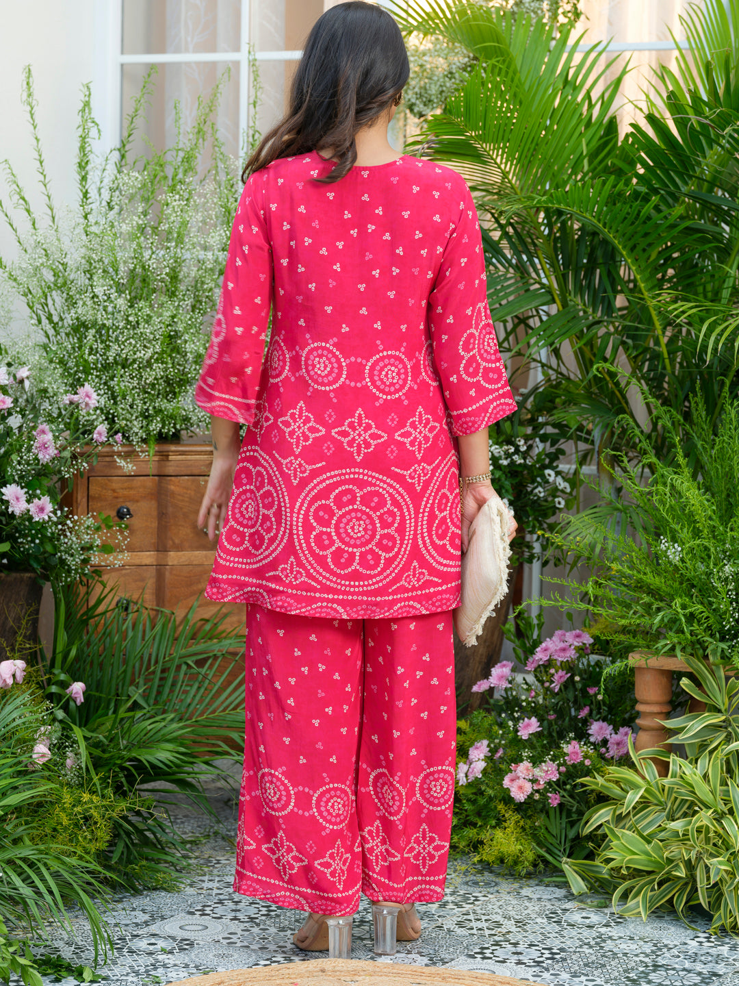 Pure crepe bandhani co ord set in pink