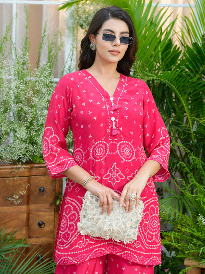 Pure crepe bandhani co ord set in pink