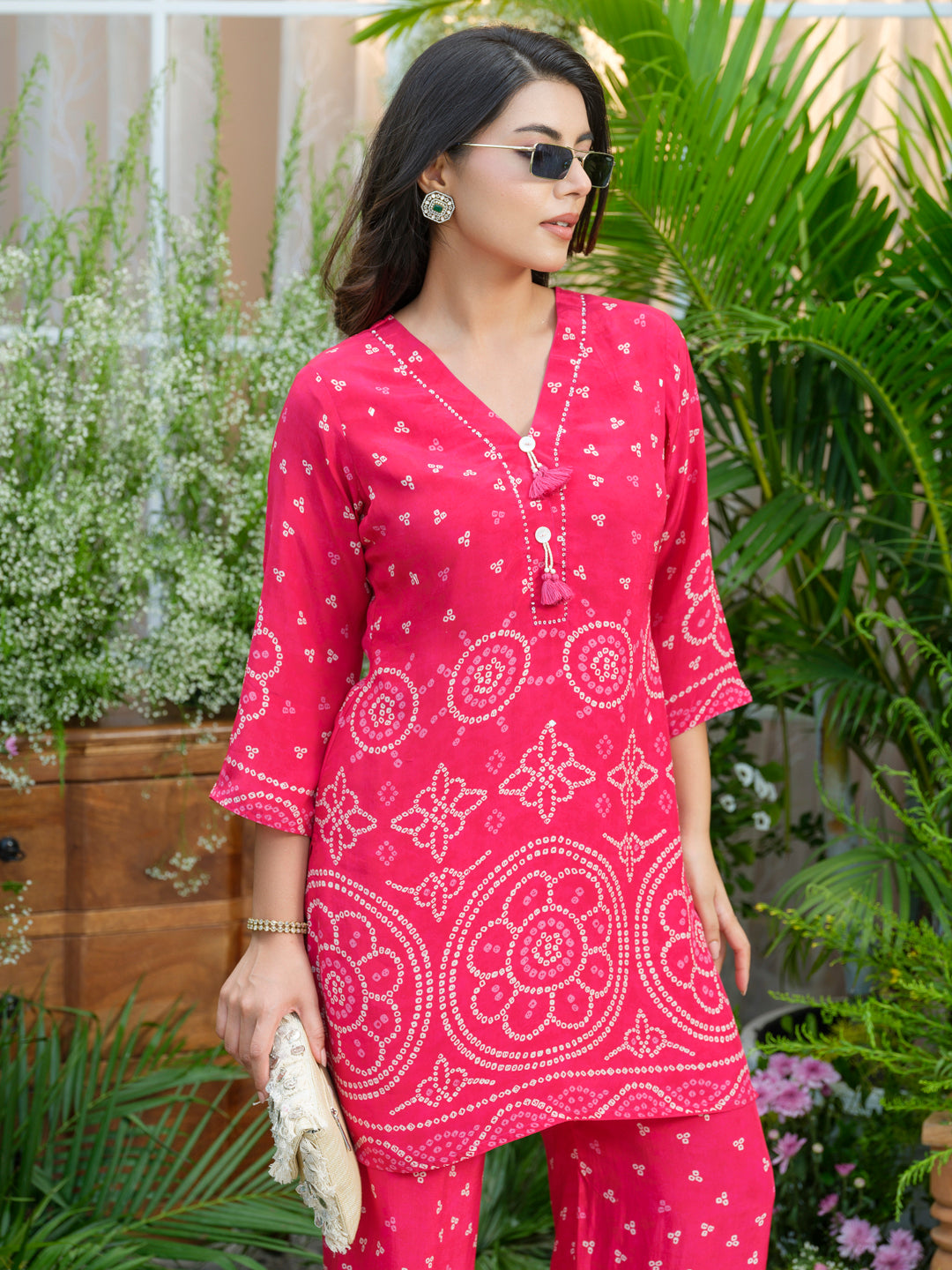 Pure crepe bandhani co ord set in pink