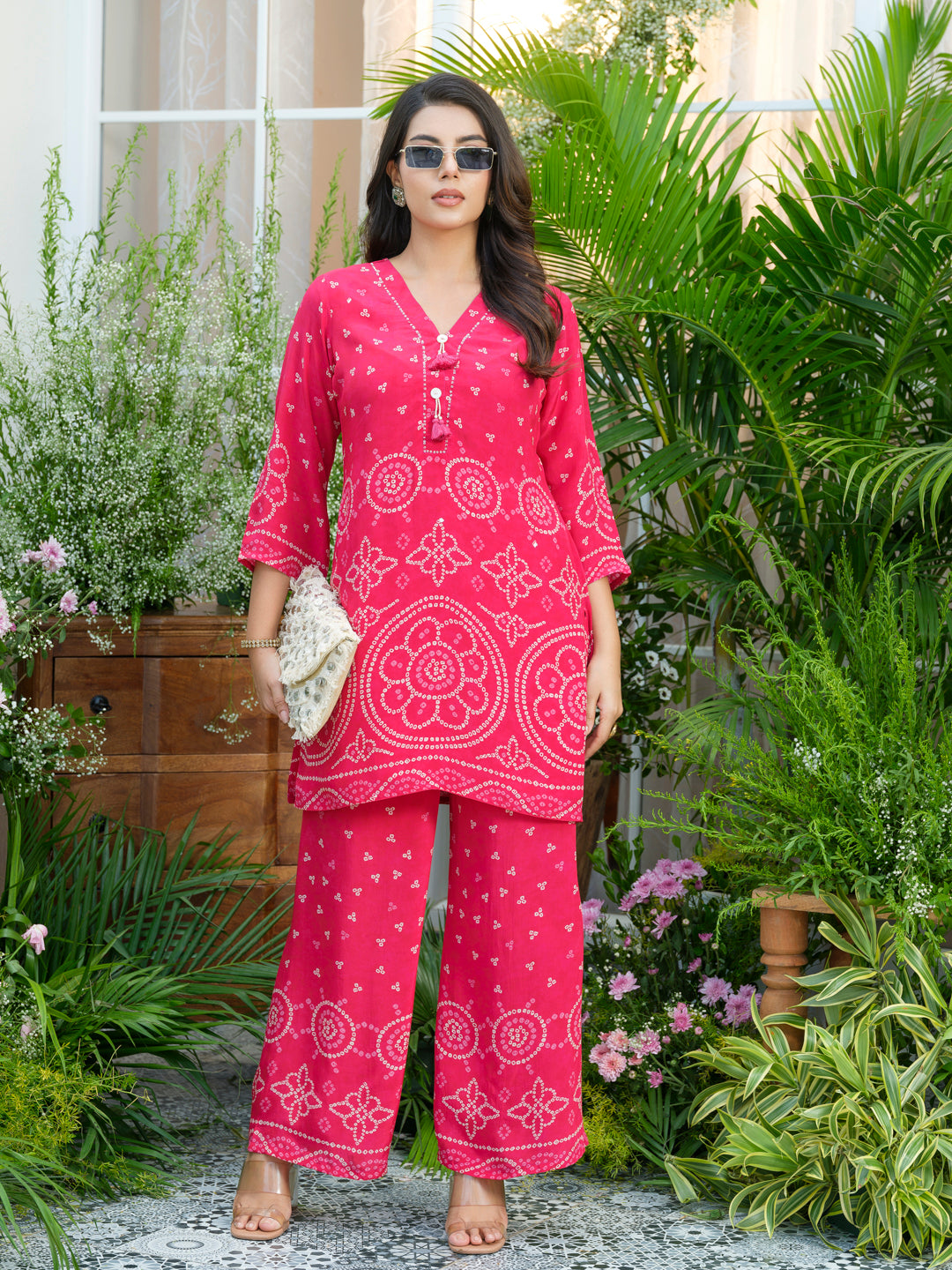 Pure crepe bandhani co ord set in pink