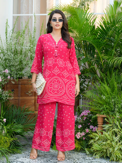 Pure crepe bandhani co ord set in pink