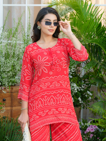 Red Badhani Natural Crepe Kurti With Trouser Co-Ords