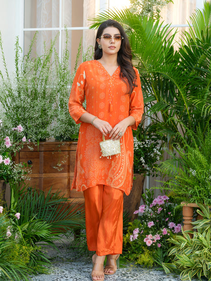 Natural Crepe Printed Hand Work Orange Co-Ord Set