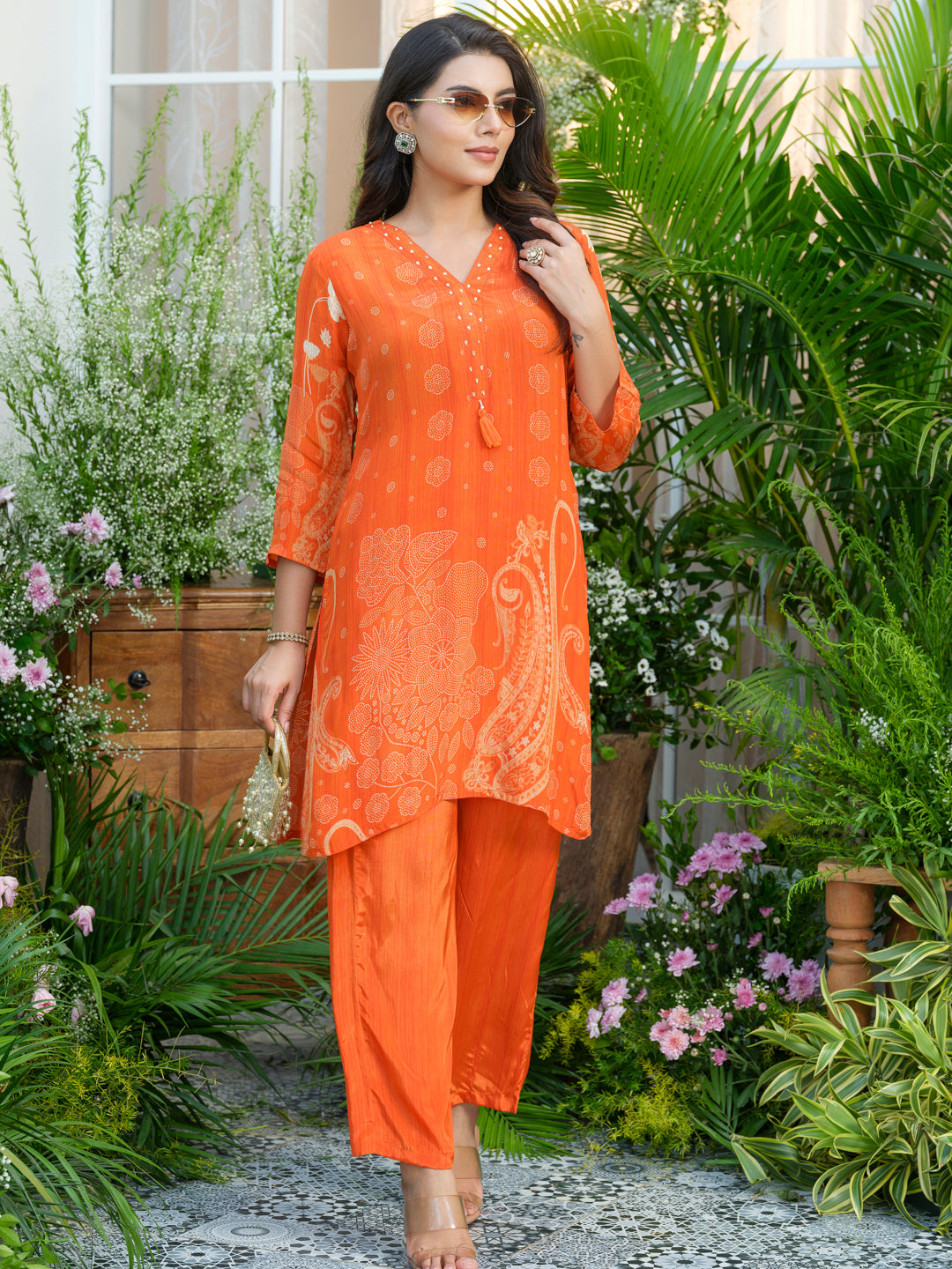 Natural Crepe Printed Hand Work Orange Co-Ord Set