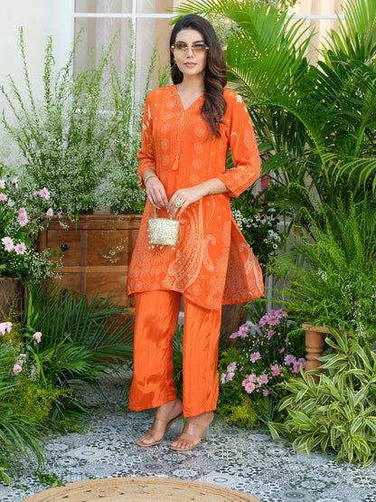 Natural Crepe Printed Hand Work Orange Co-Ord Set