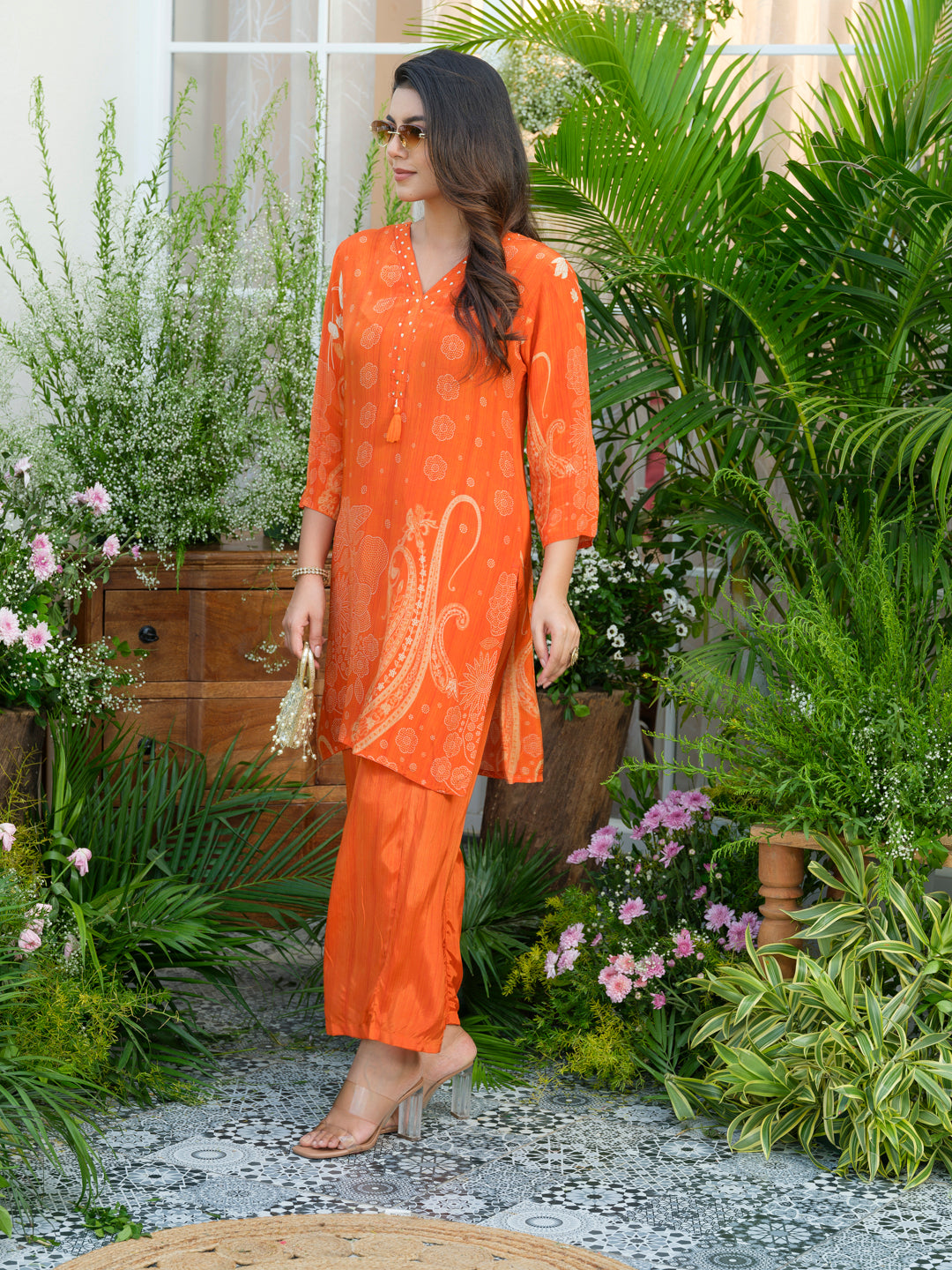 Natural Crepe Printed Hand Work Orange Co-Ord Set