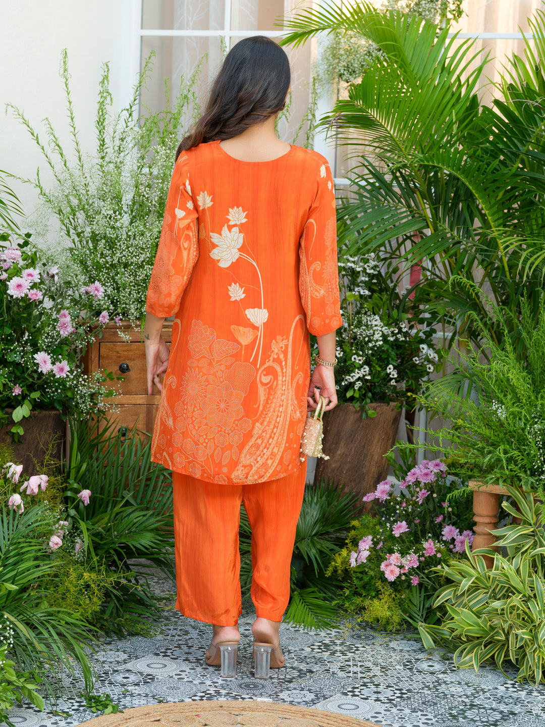 Natural Crepe Printed Hand Work Orange Co-Ord Set