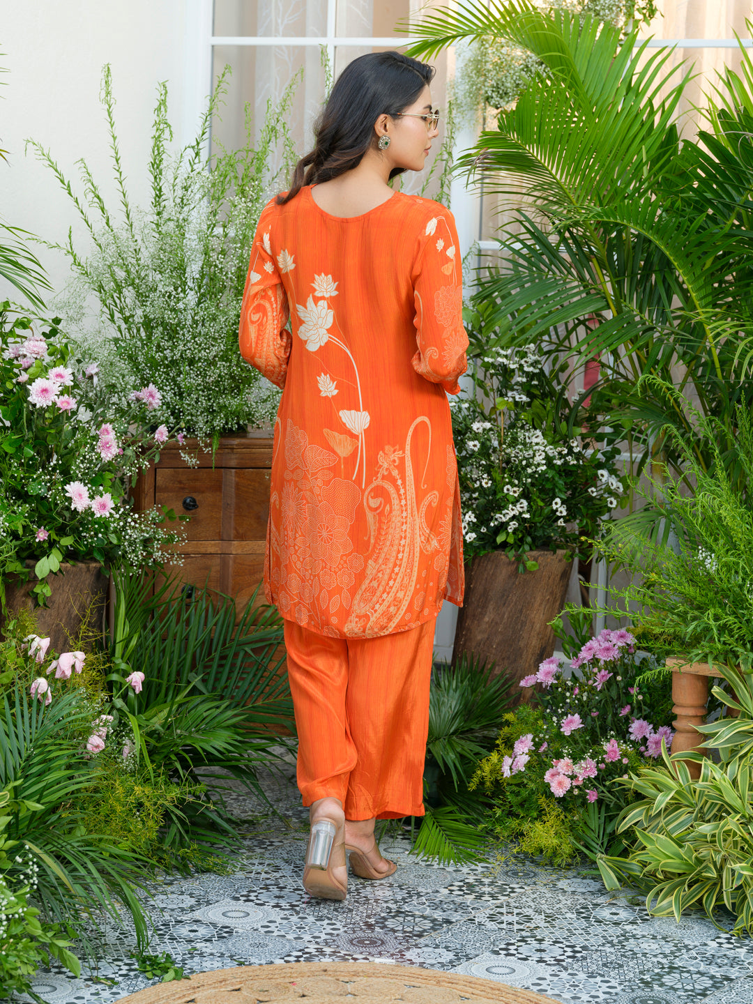 Natural Crepe Printed Hand Work Orange Co-Ord Set