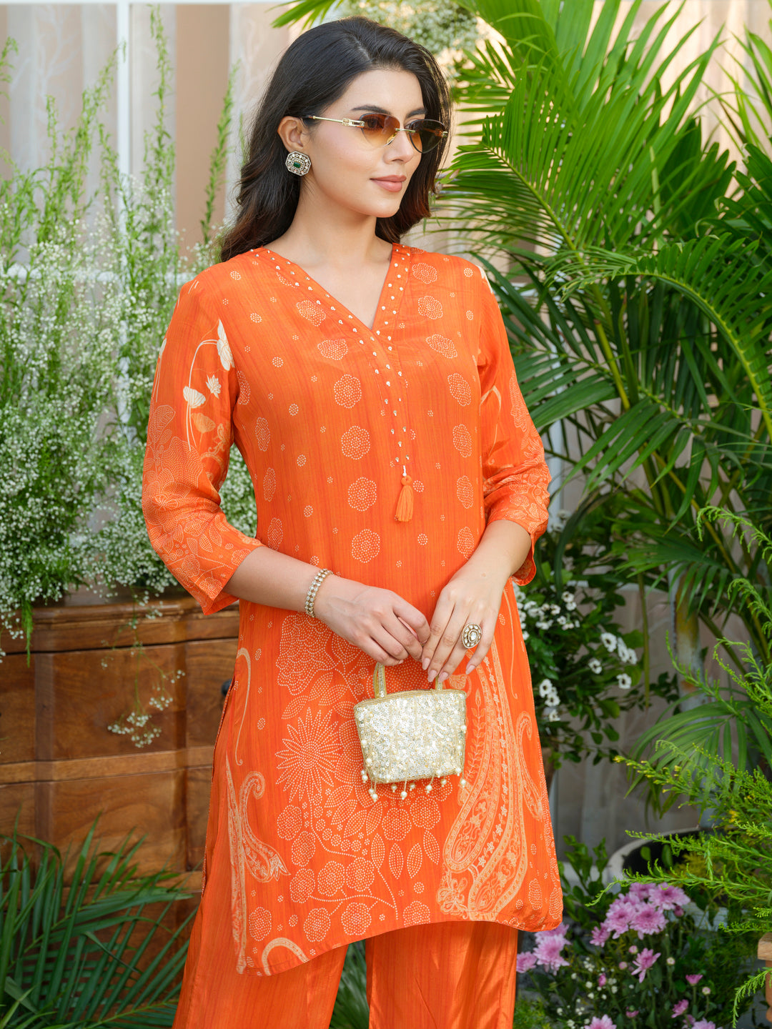 Natural Crepe Printed Hand Work Orange Co-Ord Set