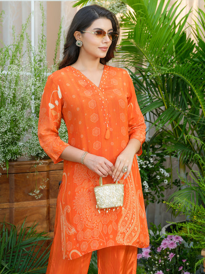Natural Crepe Printed Hand Work Orange Co-Ord Set