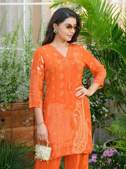 Natural Crepe Printed Hand Work Orange Co-Ord Set