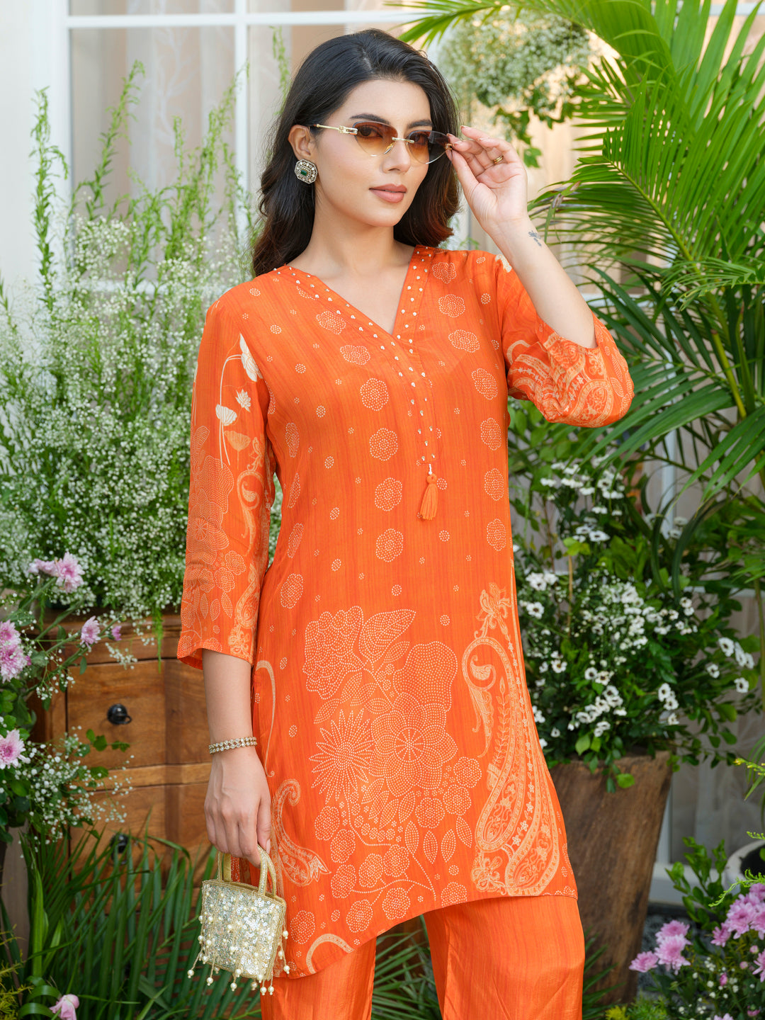 Natural Crepe Printed Hand Work Orange Co-Ord Set