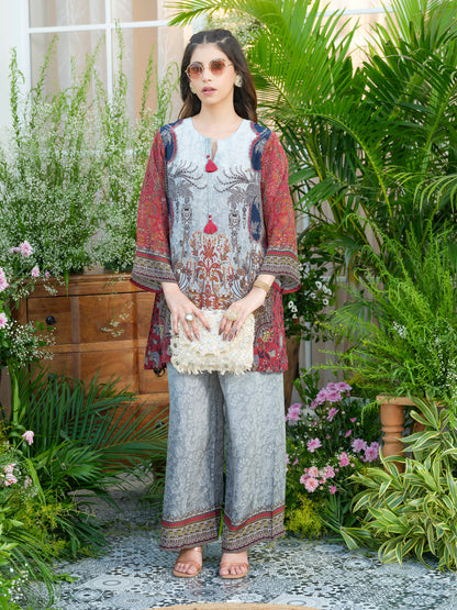 Grey Natural Crepe Printed Co-Ord Set
