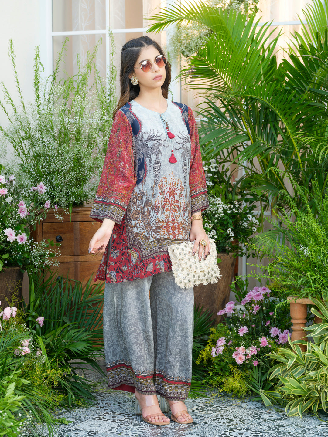 Grey Natural Crepe Printed Co-Ord Set