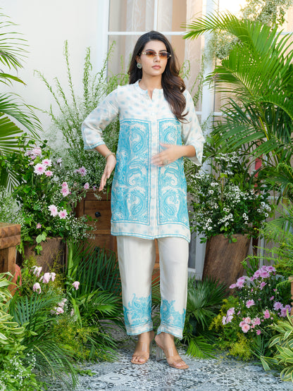 Women Off-White & Aqua Blue Printed Co-ords in Natural Crepe with Handwork & Tassel Detailing