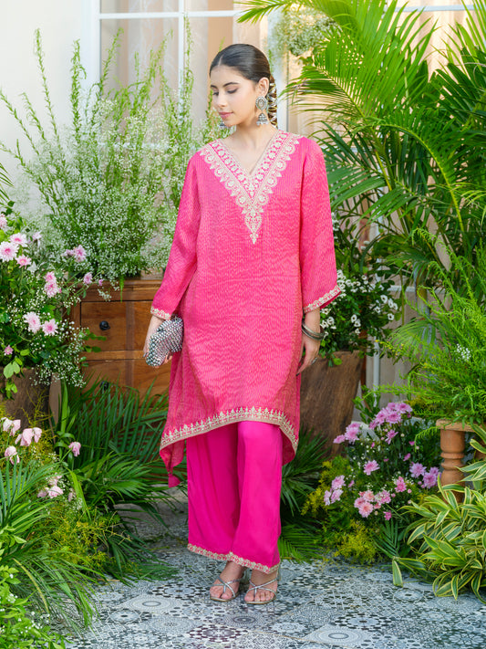 Pink V-Neck Handwork with Sequence Touch Co-Ord Set