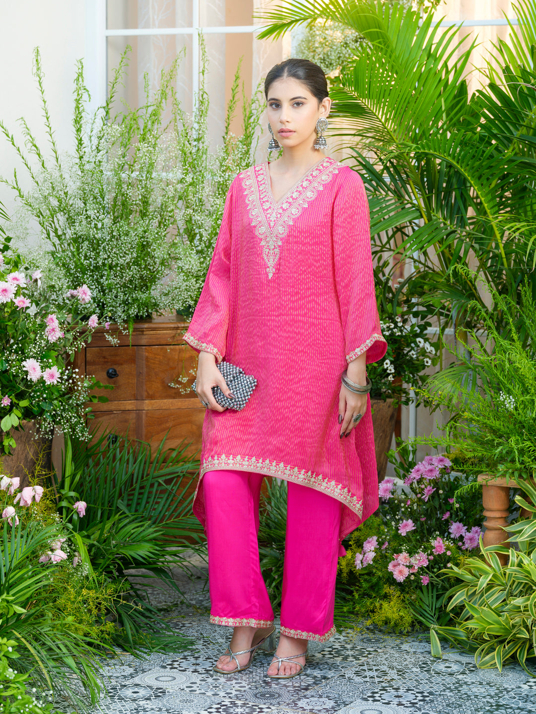 Pink V-Neck Handwork with Sequence Touch Co-Ord Set