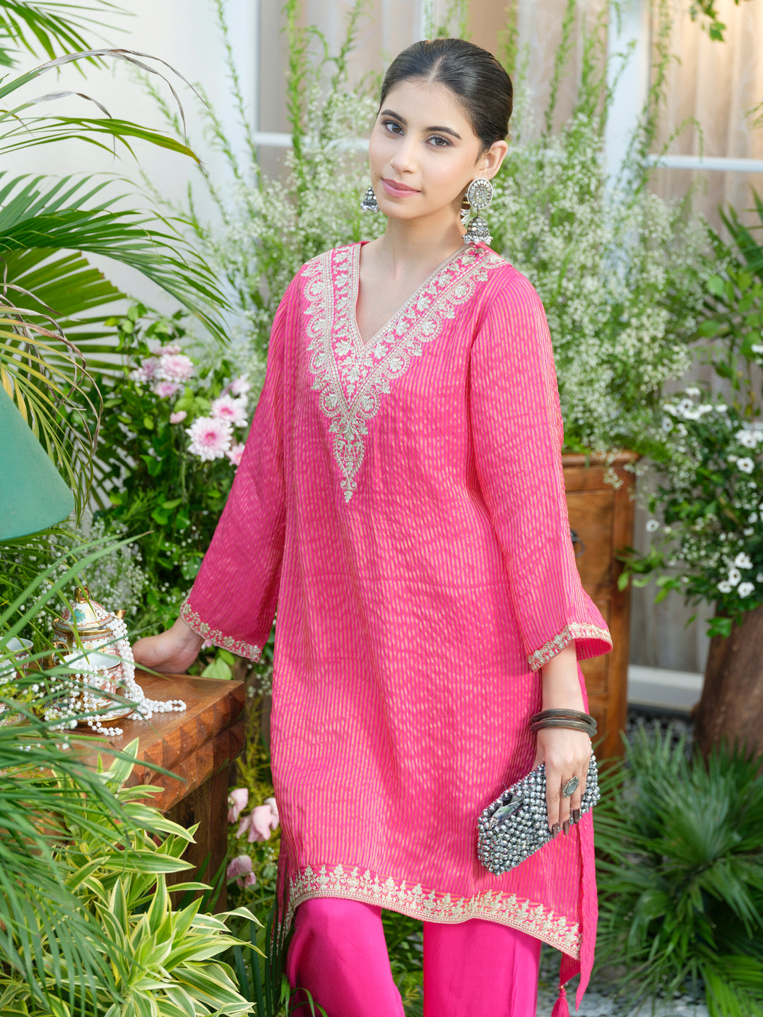 Pink V-Neck Handwork with Sequence Touch Co-Ord Set