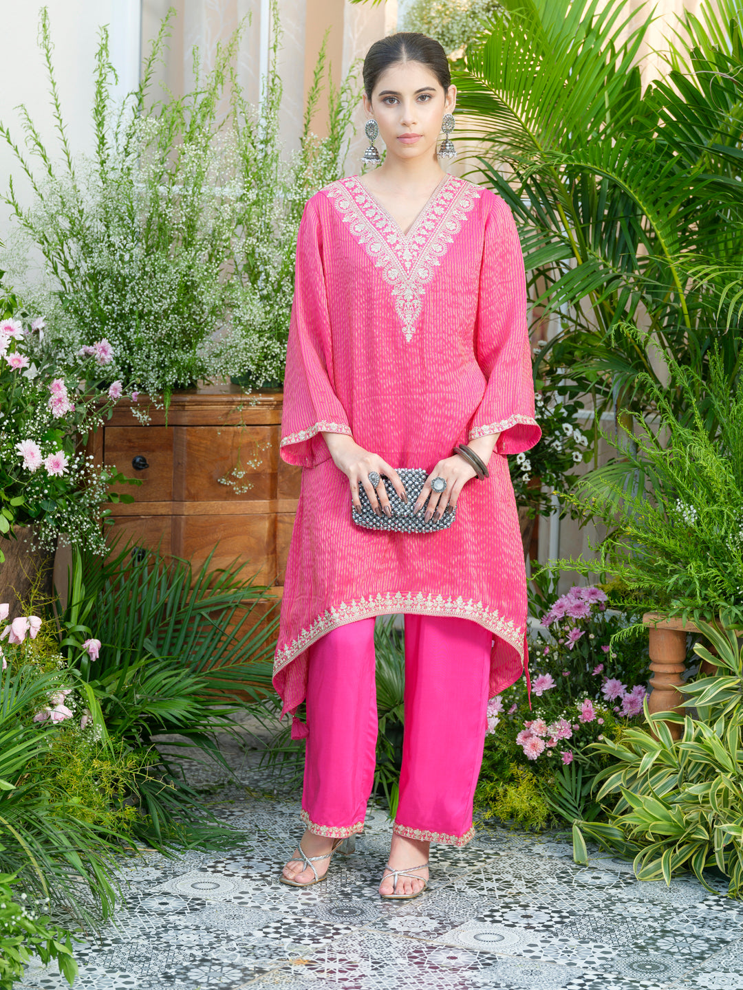 Pink V-Neck Handwork with Sequence Touch Co-Ord Set