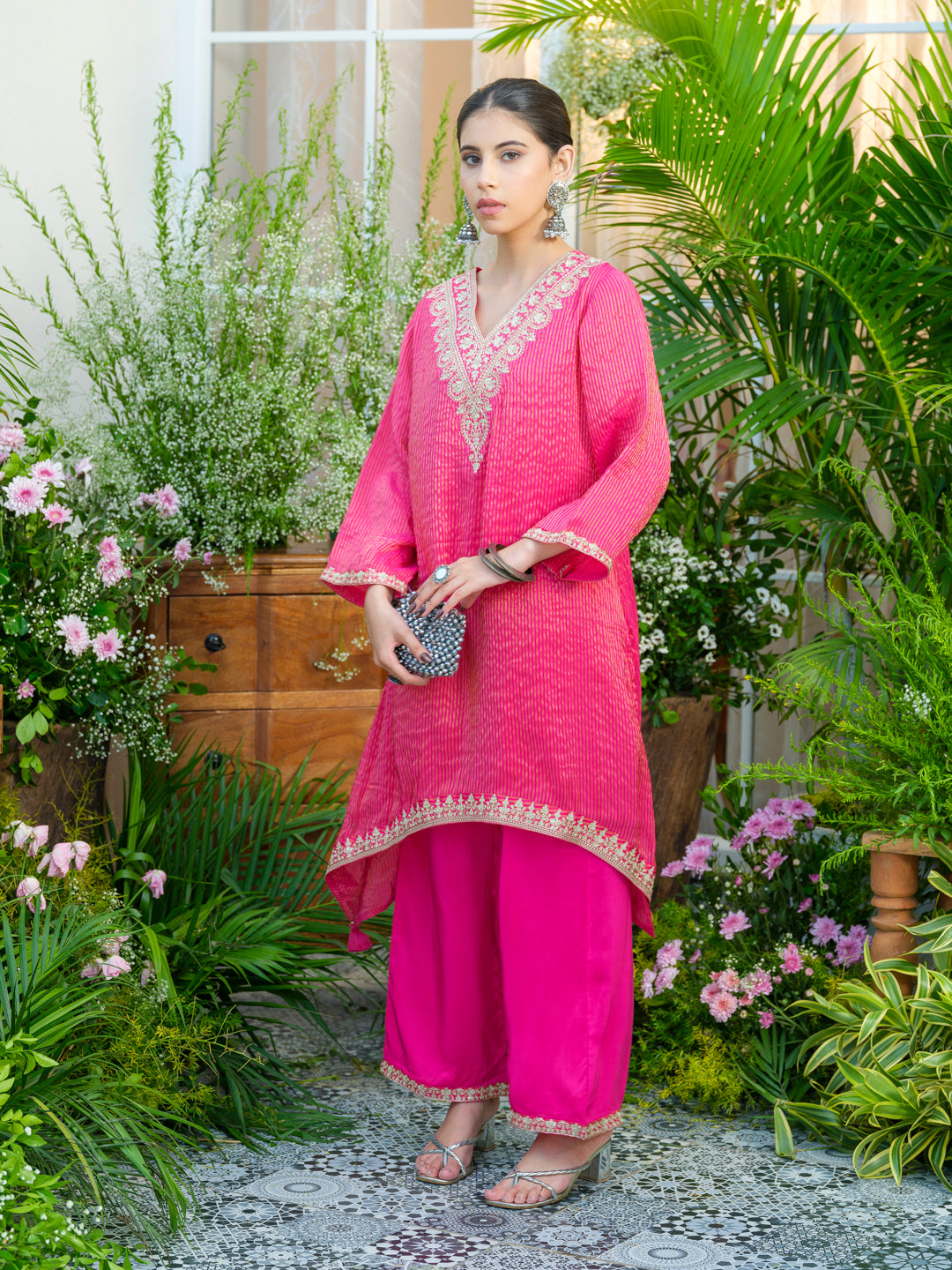 Pink V-Neck Handwork with Sequence Touch Co-Ord Set
