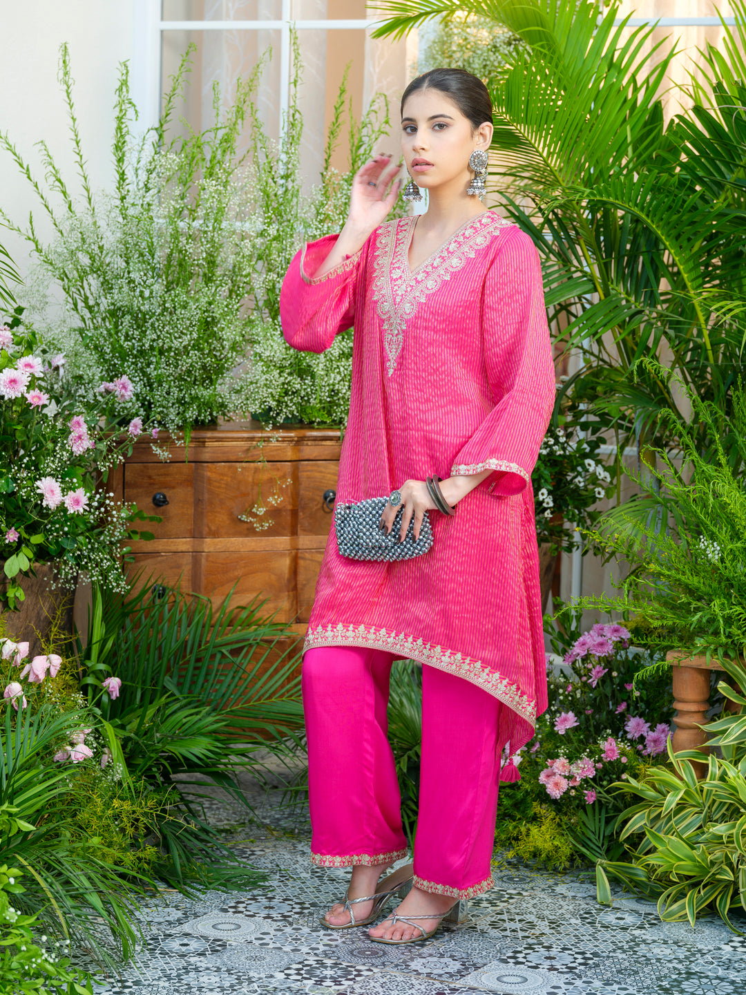 Pink V-Neck Handwork with Sequence Touch Co-Ord Set