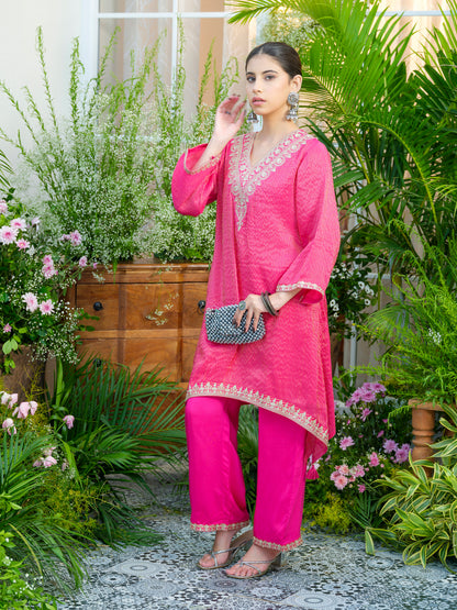 Pink V-Neck Handwork with Sequence Touch Co-Ord Set