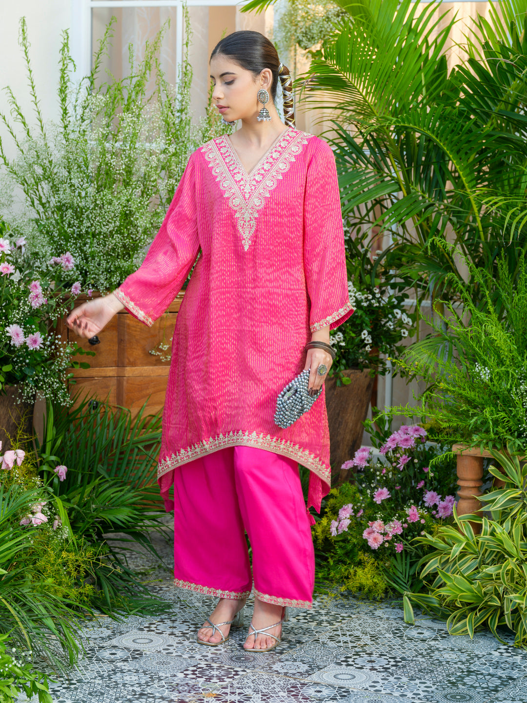 Pink V-Neck Handwork with Sequence Touch Co-Ord Set