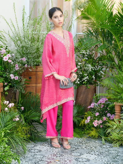 Pink V-Neck Handwork with Sequence Touch Co-Ord Set