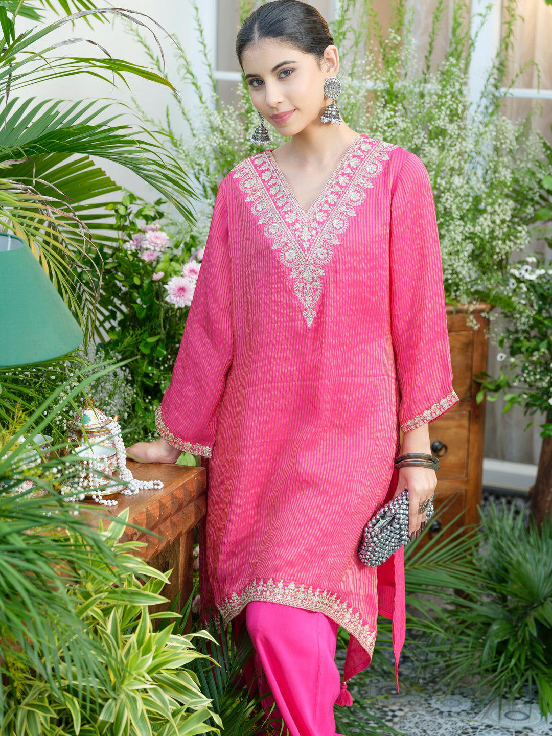 Pink V-Neck Handwork with Sequence Touch Co-Ord Set