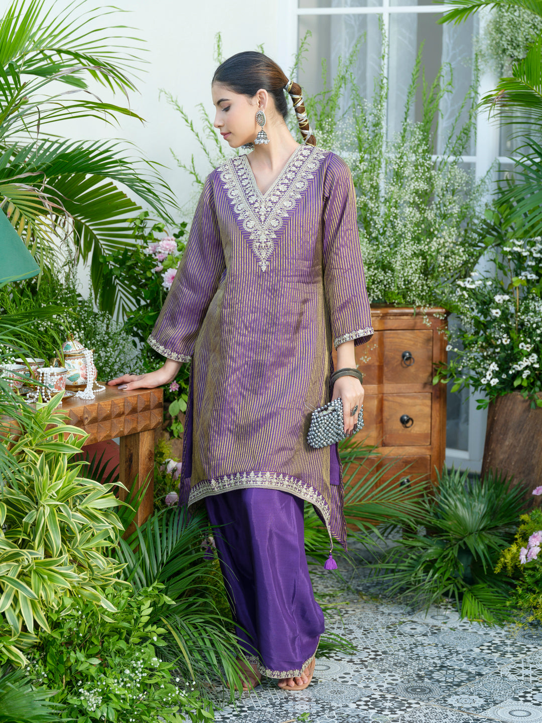 Violet V-Neck Handwork with Sequence Touch Co-Ord Set