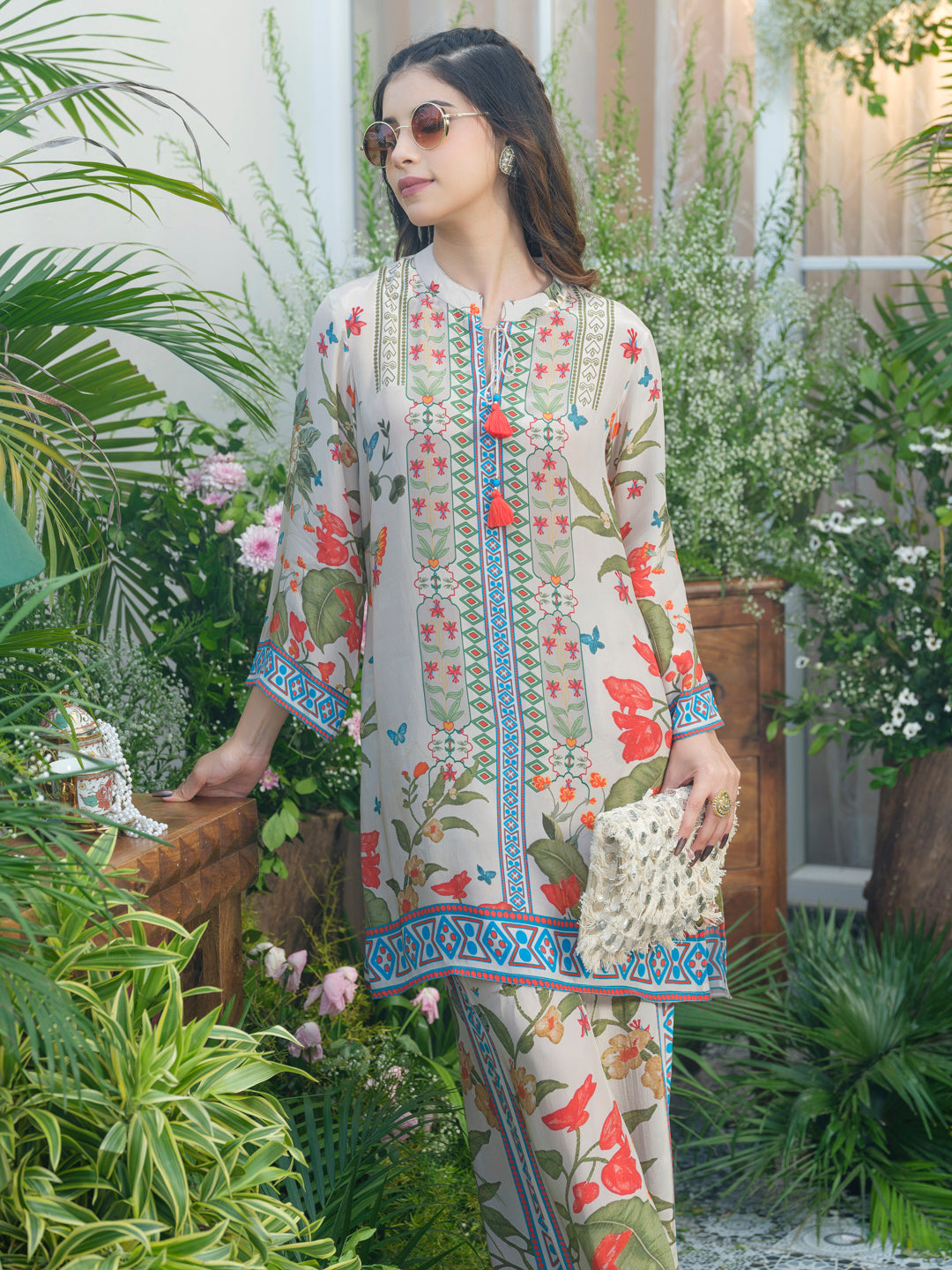 Desert Glow Printed Co-Ord in Natural Crepe