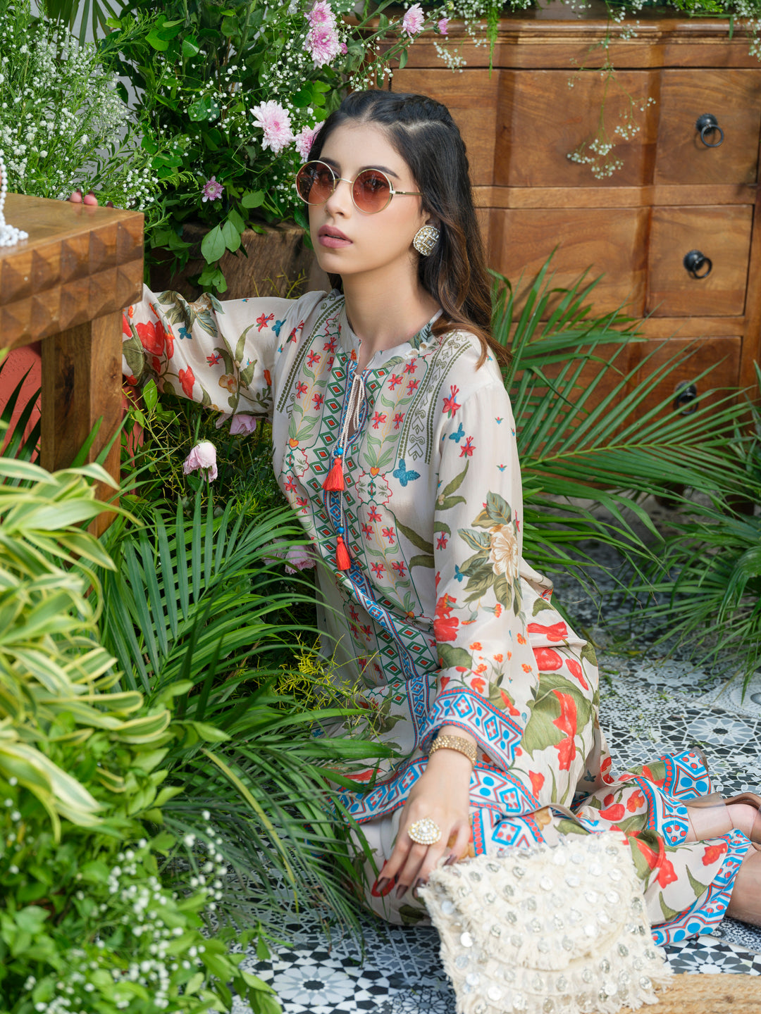 Desert Glow Printed Co-Ord in Natural Crepe