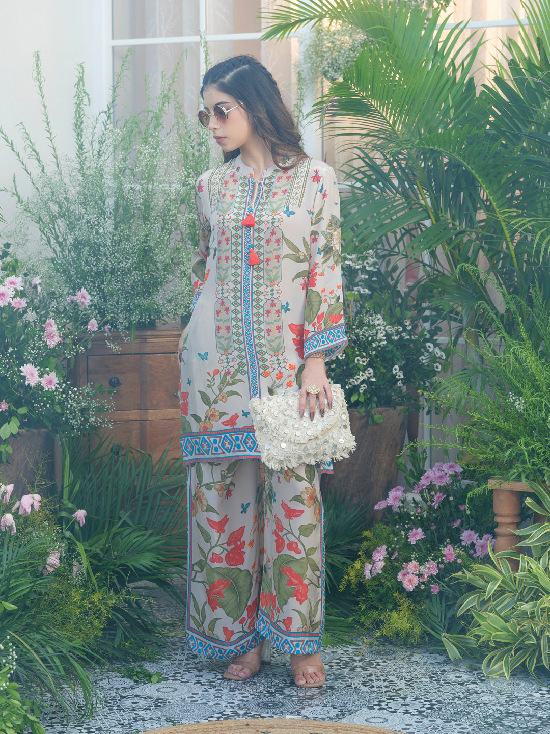 Desert Glow Printed Co-Ord in Natural Crepe