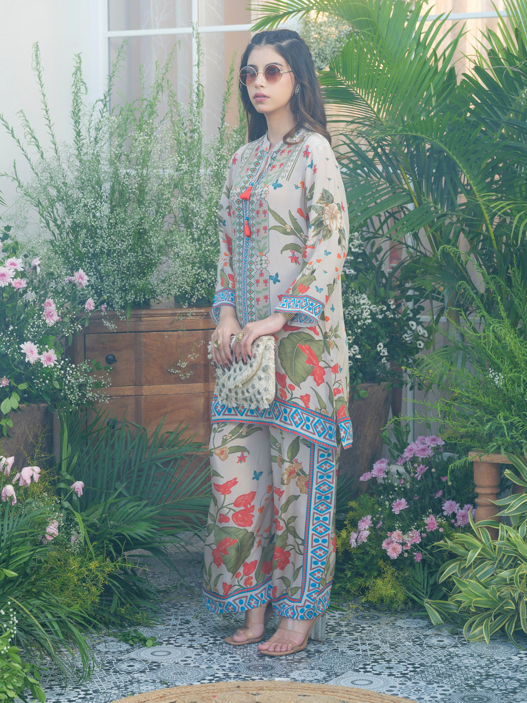 Desert Glow Printed Co-Ord in Natural Crepe