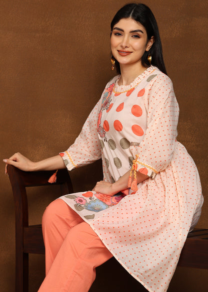 Cotton Printed A-Line C Cut Kurta with Balloon Tie-Up Sleeves & Straight Pants