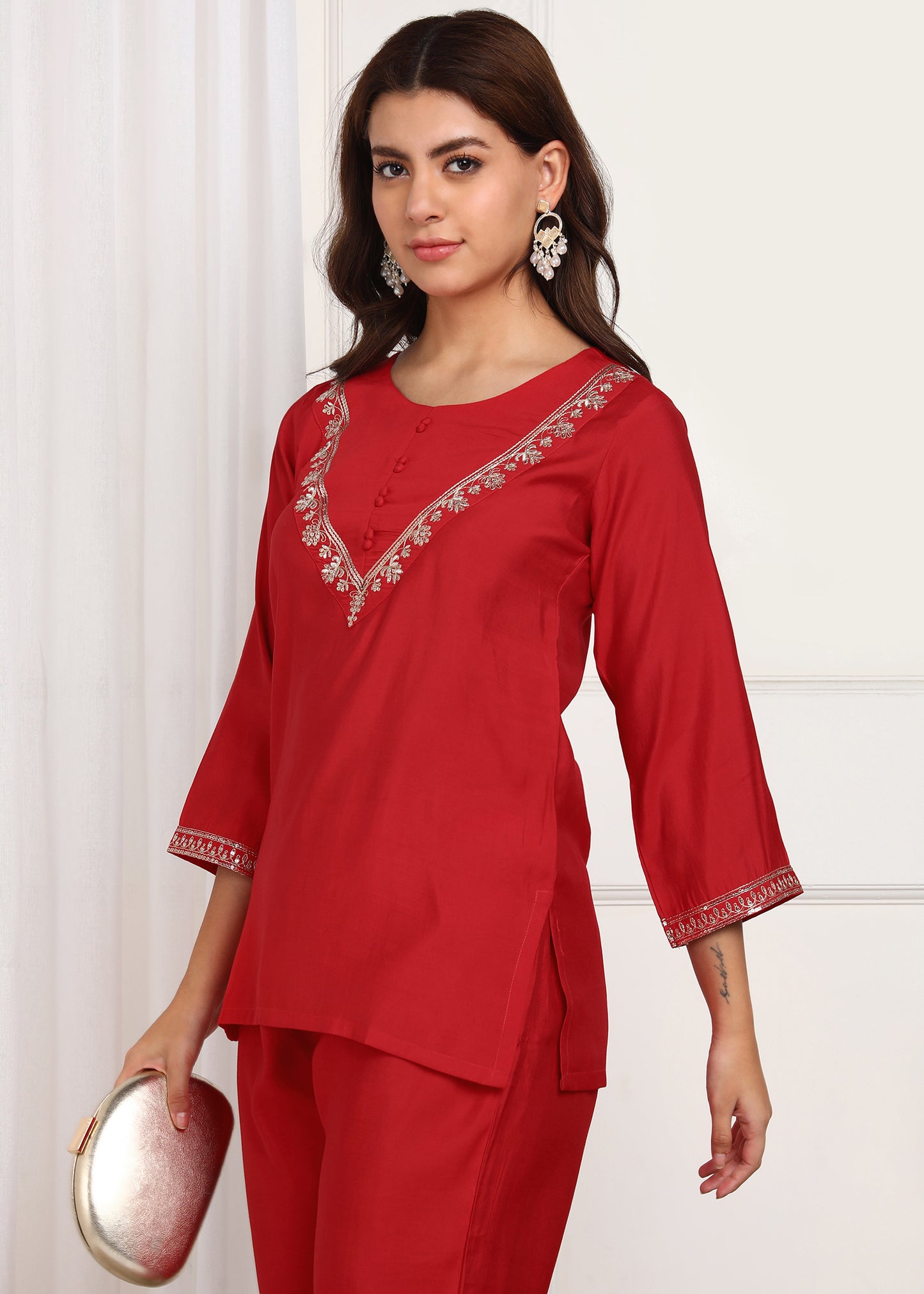 Elegant Red Embroidered Co-ord Set with Bell Sleeves