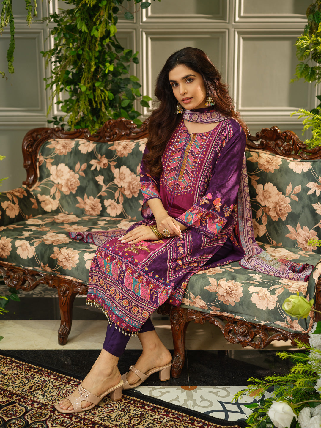 Wine & Purple Digital Print Kurta Set with Heavy Handwork