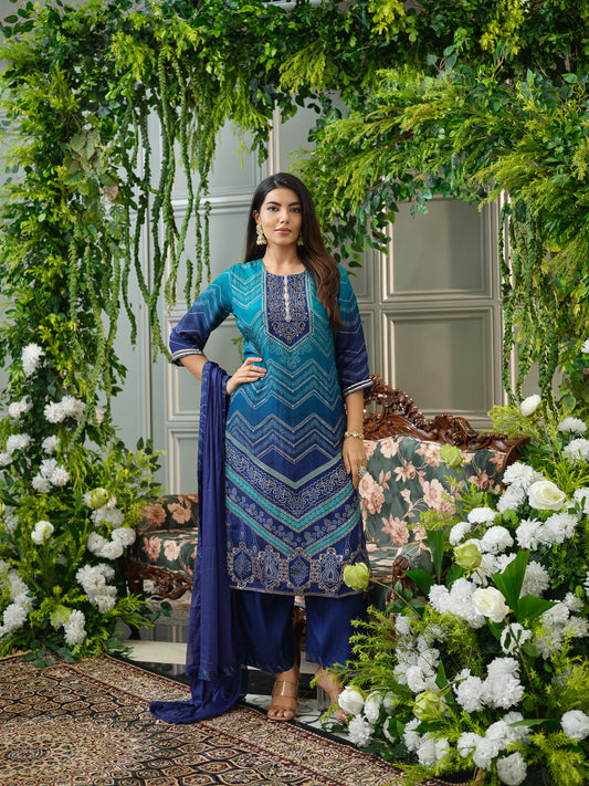 Teal & Navy Blue Crepe Silk Kurta Set with Chiffon Dupatta & Handwork