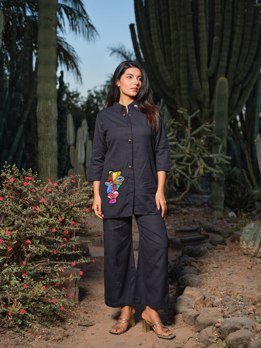 Black & Red Embroidered Cotton-Flex Shirt & Trousers Co-ord Set