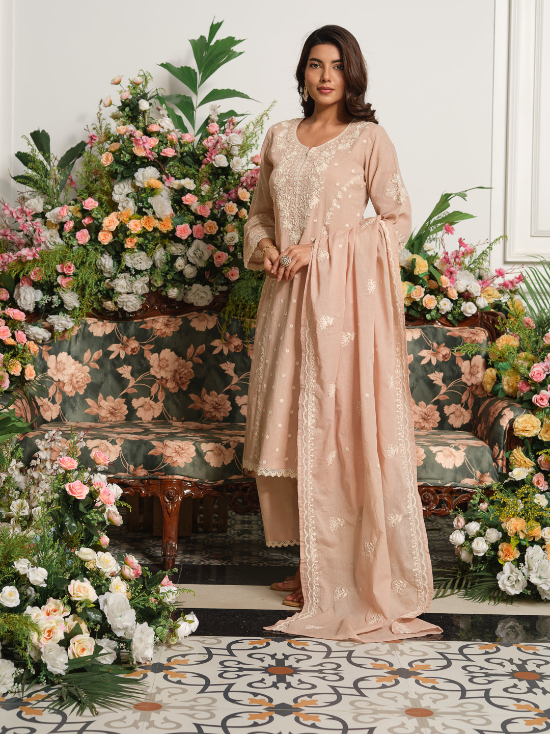 Beige & Pink Embroidered A-Line Kurta Set with Palazzos & Dupatta