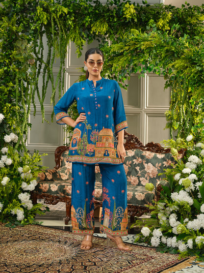 Royal Blue Digital Print Co-ord Set with Handwork