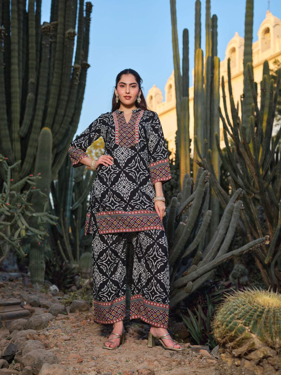 Printed Mandarin Collar Top & Palazzos Co-Ords