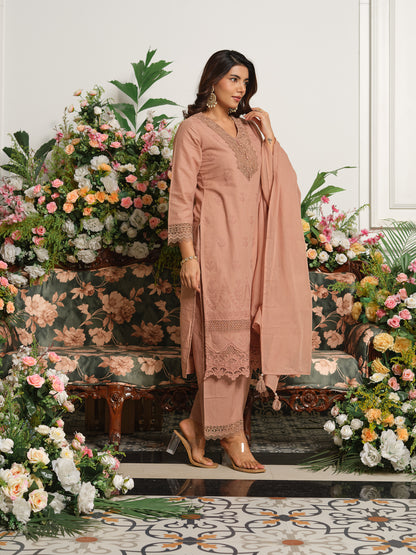 Brown Embroidered Cotton Blend V-Neck Kurta Set with Dupatta