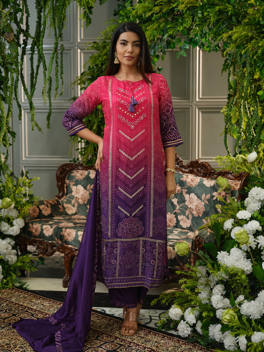 Pink & Violet Crepe Silk Printed Kurta Set with Dupatta