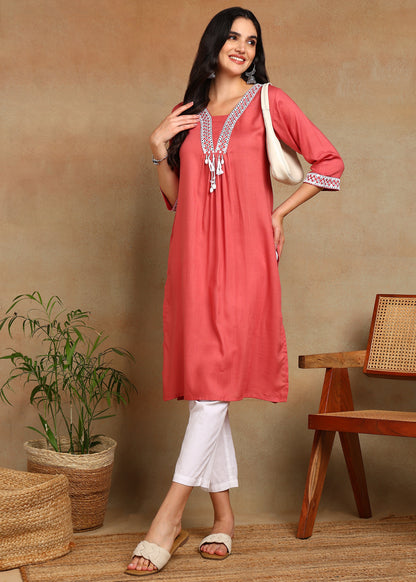 Peach Rayon Slub Kurti with White Embroidered Lace Detailing