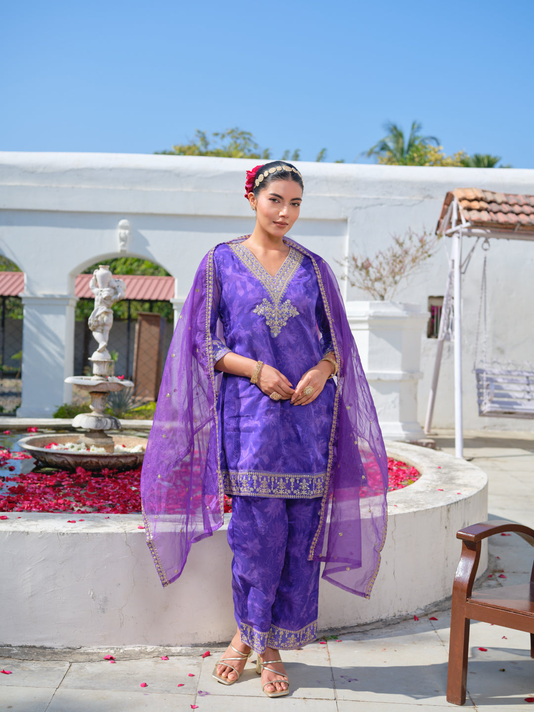 Embroidered V-Neck Kurta & Trousers With Dupatta