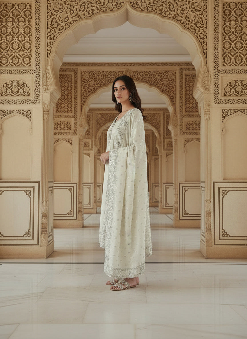 Embroidered Cotton Round Neck Straight Kurta & Trousers With Dupatta