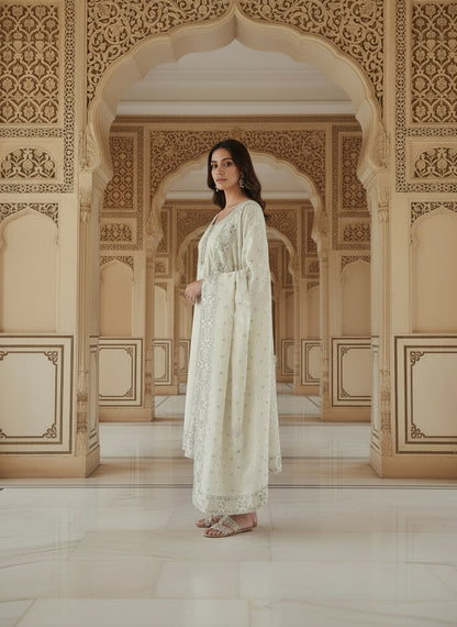 Embroidered Cotton Round Neck Straight Kurta & Trousers With Dupatta