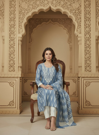Embroidered Round Neck Straight Kurta & Trousers With Dupatta